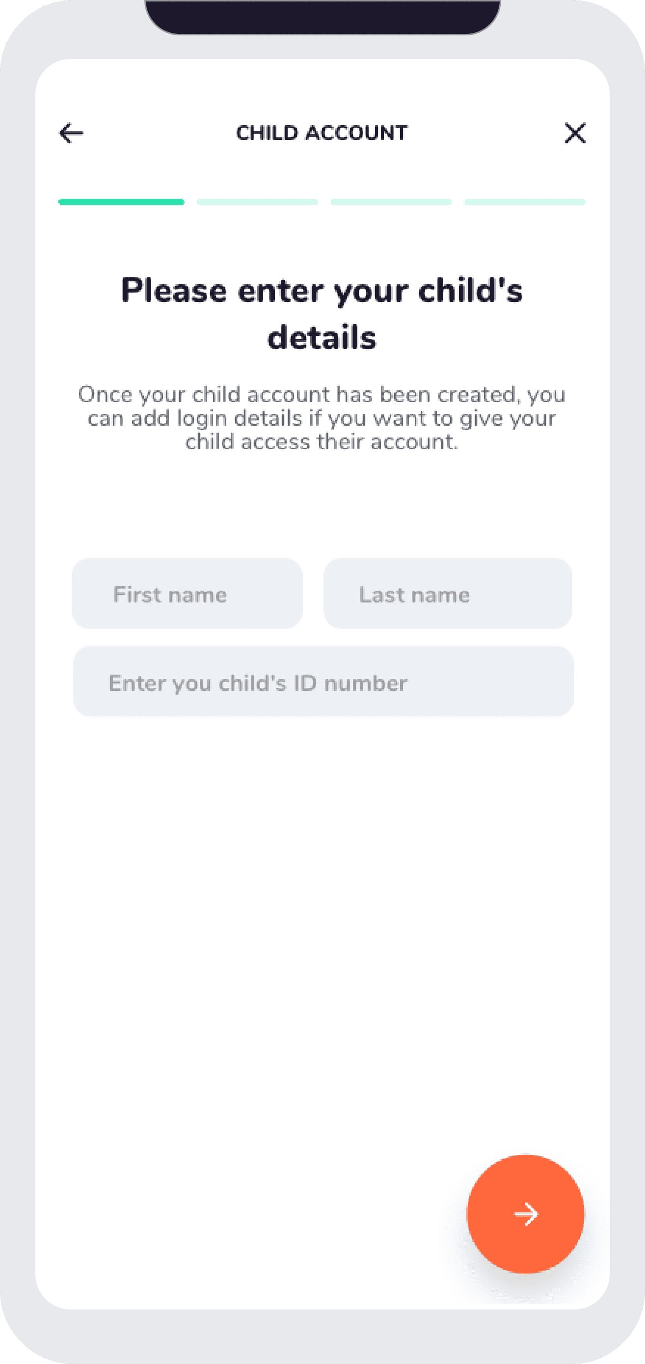 App screenshot of opening a child account