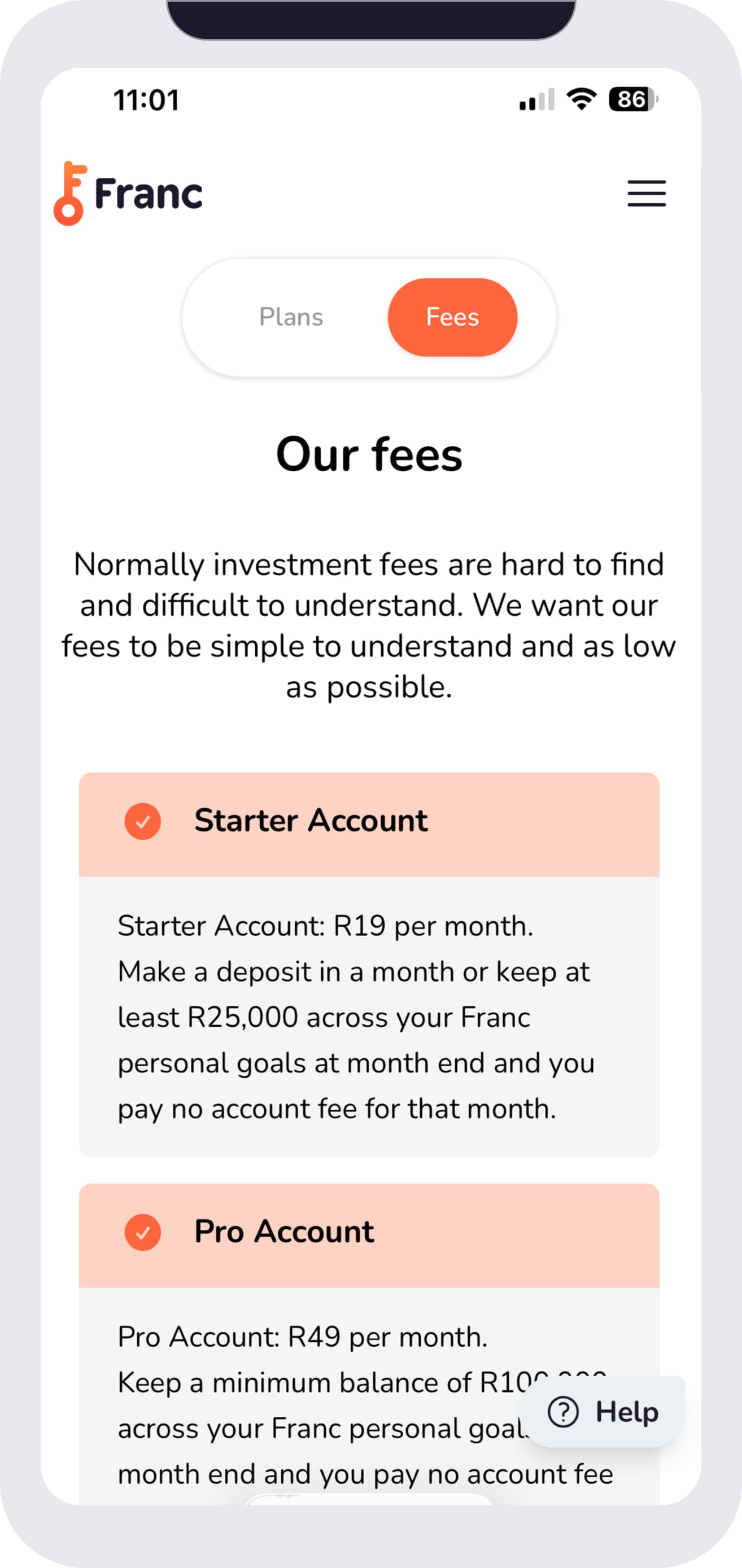 Franc live progress and account overview