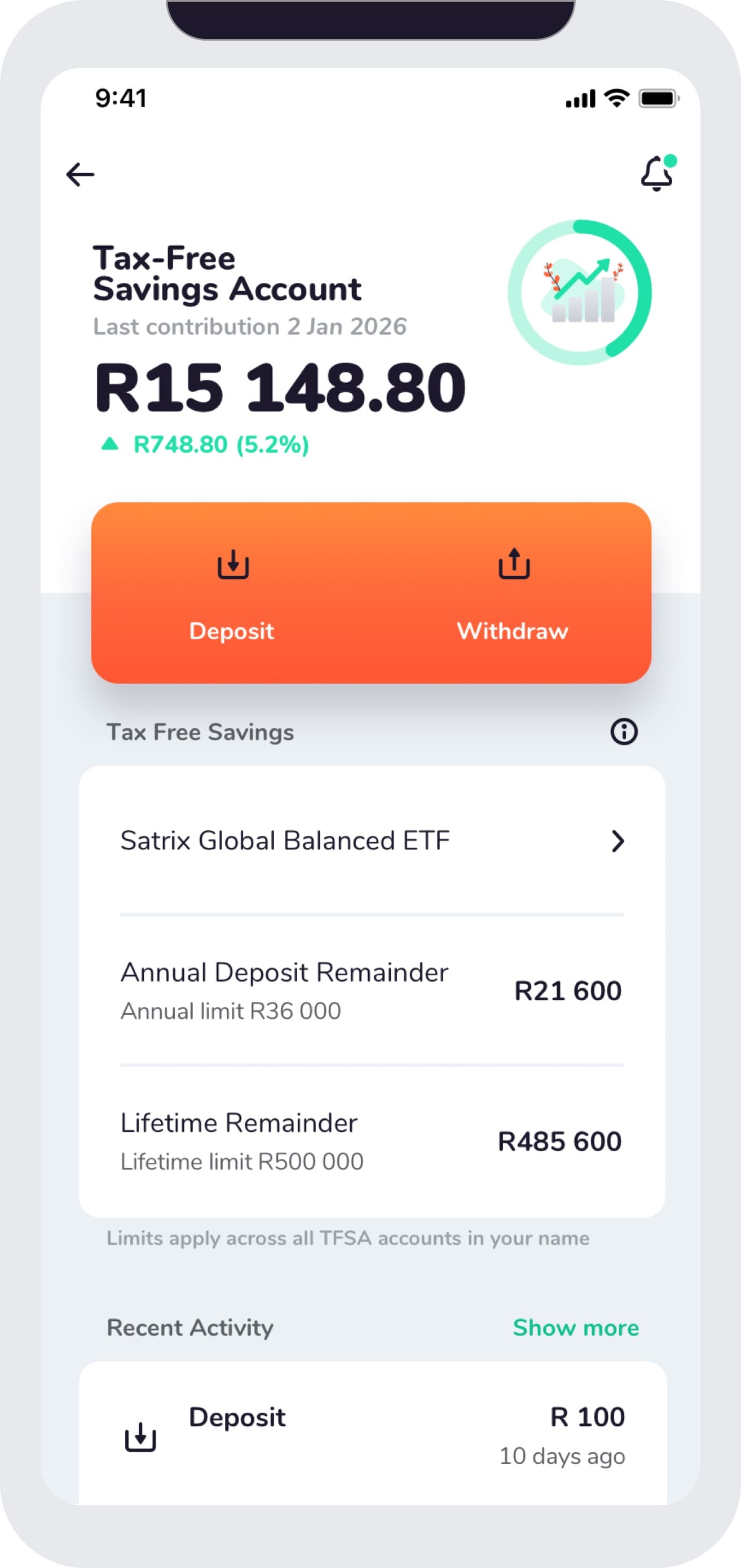 Franc.app screenshot of a tax-free savings account