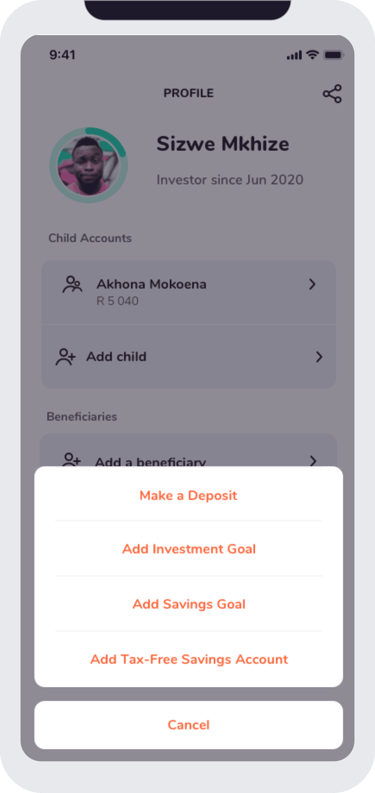 App screenshot of managing your child account