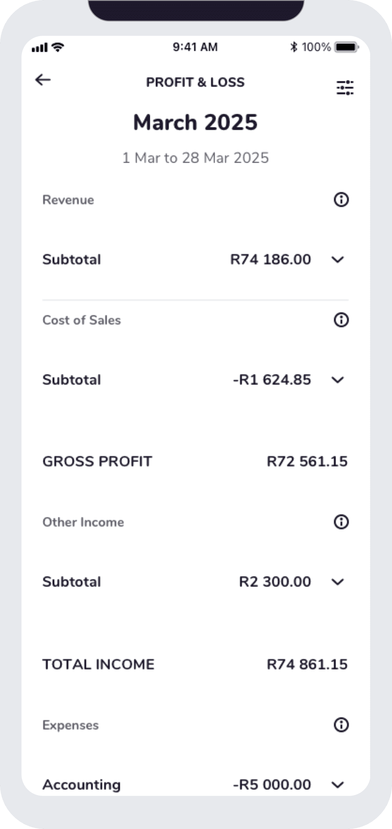Franc.app screenshot of a profit and loss report