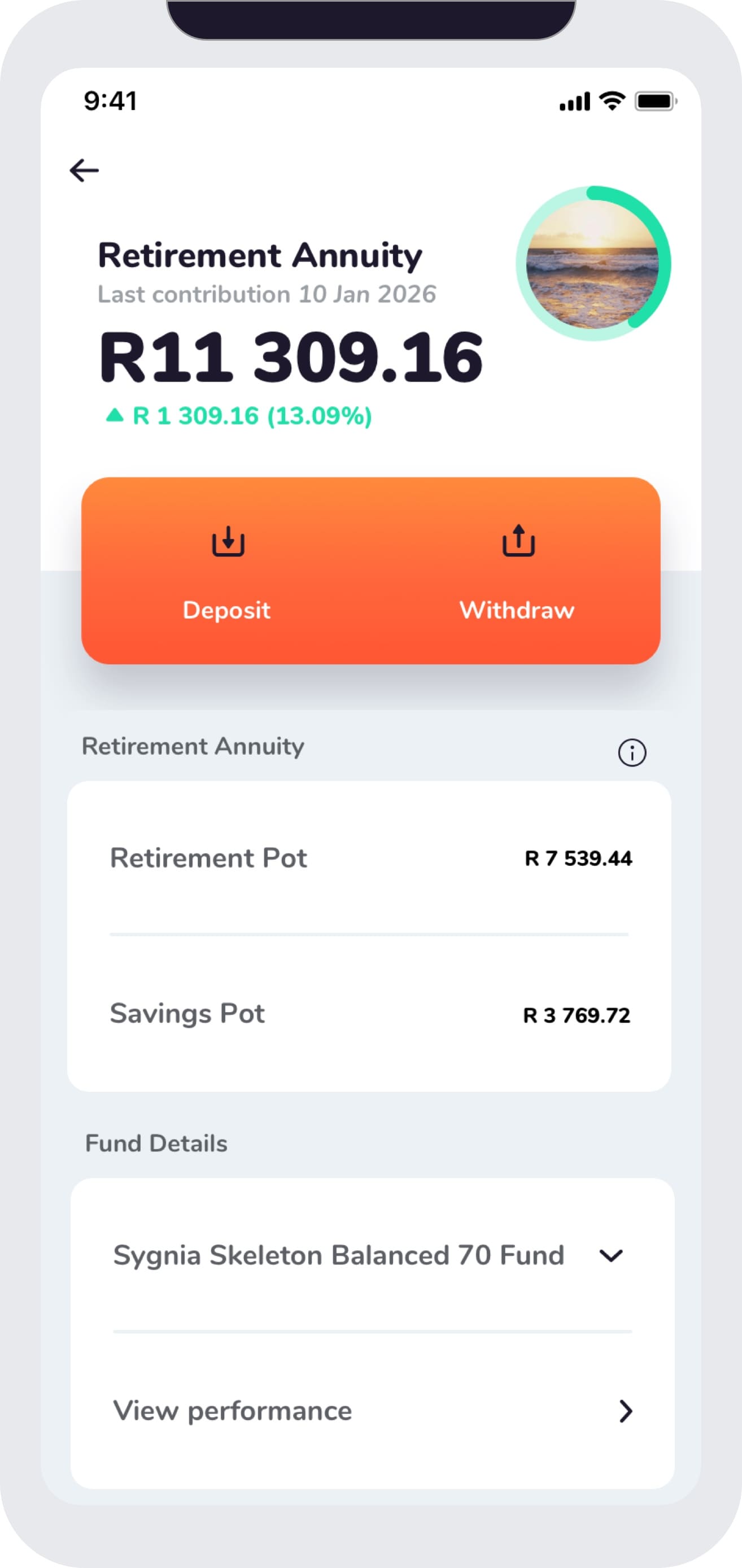 Franc.app screenshot of a retirement annuity dashboard