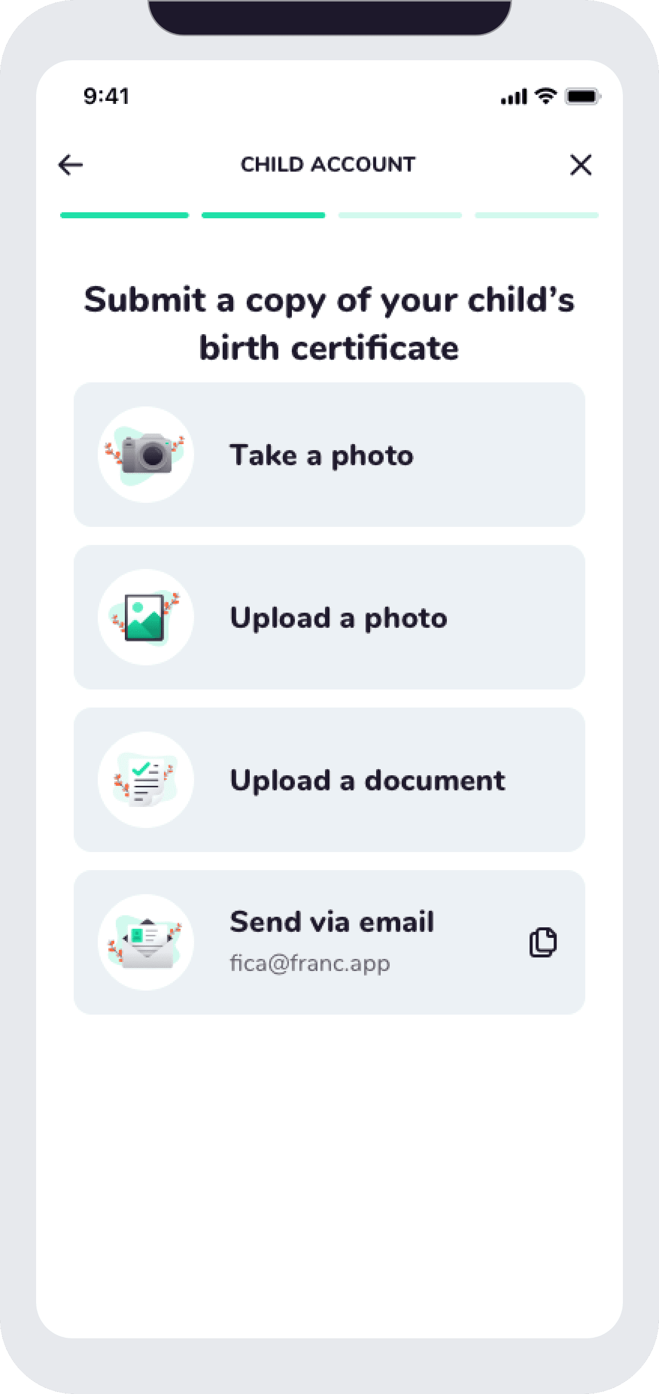 App screenshot of uploading a child's birth certificate